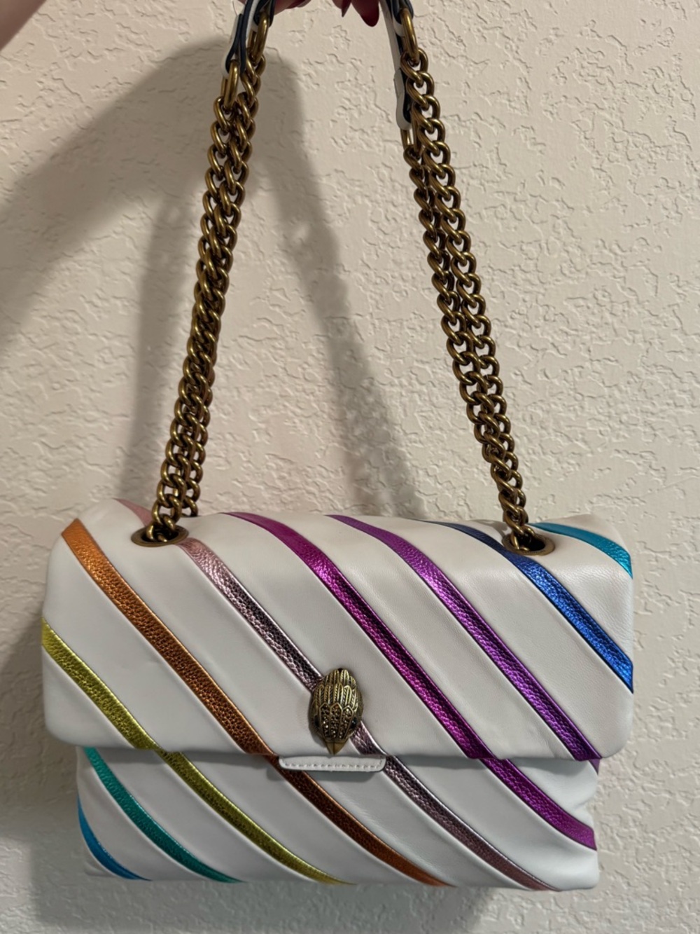 Kurt Geiger White Shoulder Bag with Multicolor Metallic Stripes